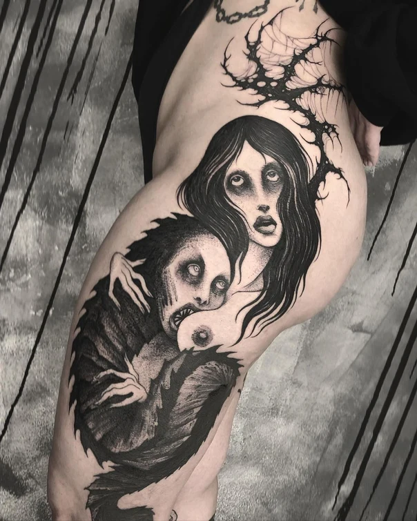 Blackwork Monster, Portrait tattoo on Thigh