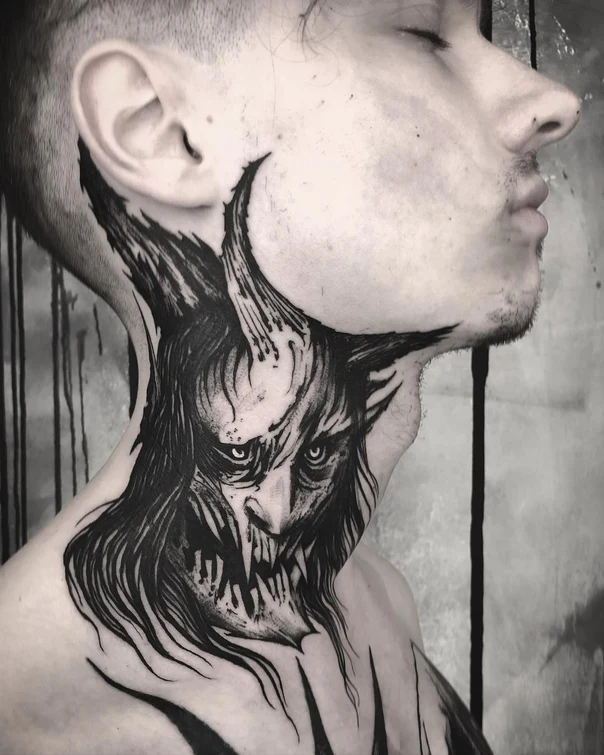 Blackwork Demon, Monster tattoo on Neck