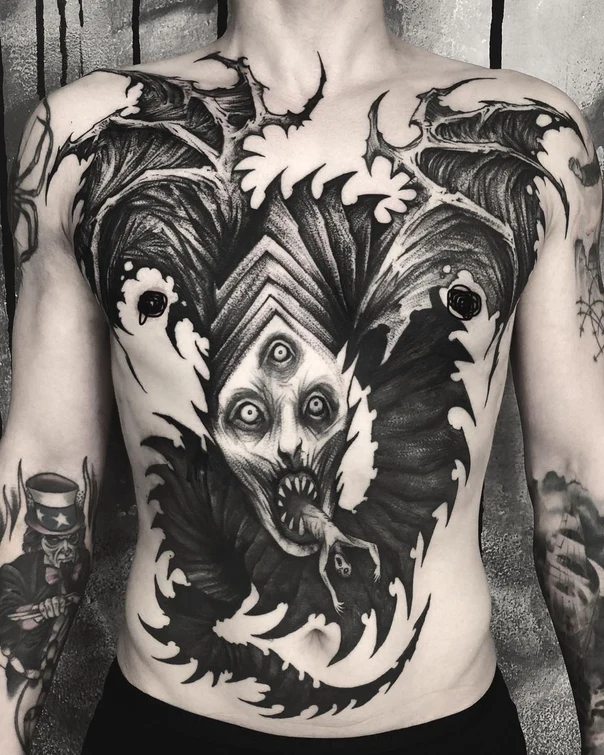 Blackwork Demon, Wings tattoo on Chest