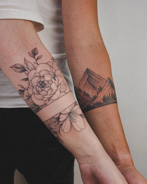 Лайнворк Flower, Mountain tattoo на Предплечье