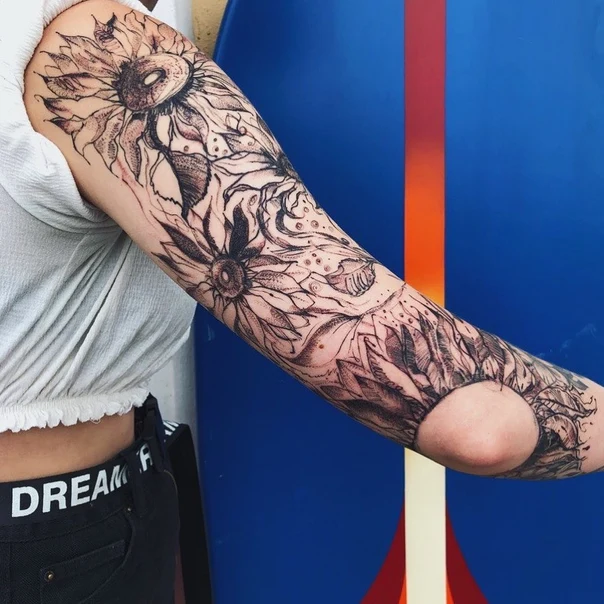 Лайнворк Sunflower, Floral tattoo на Полный рукав