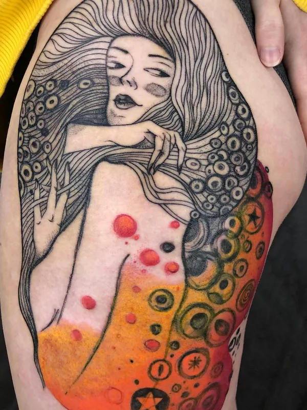 female color illustrative татуировка на thigh #50247 | Тату мастер Юля Белова