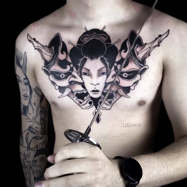 Японская Geisha, Oni mask tattoo на Грудь
