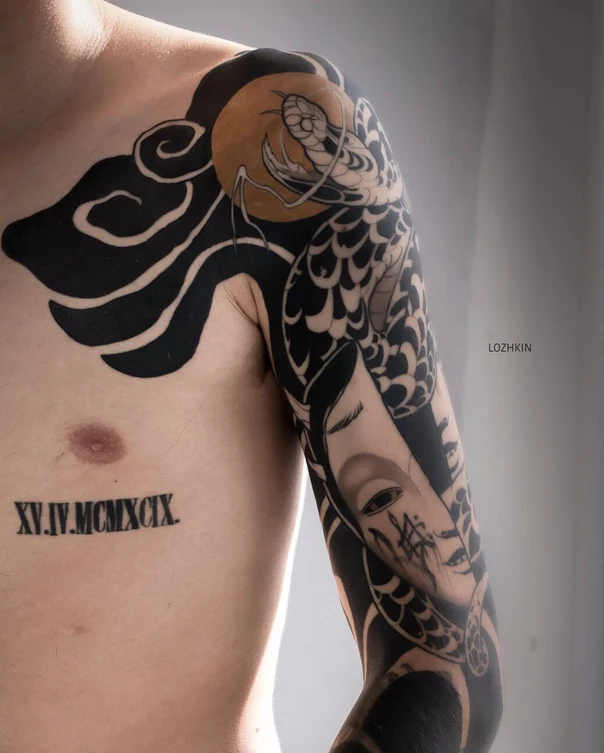 Блэкворк Snake, Face tattoo на Полный рукав