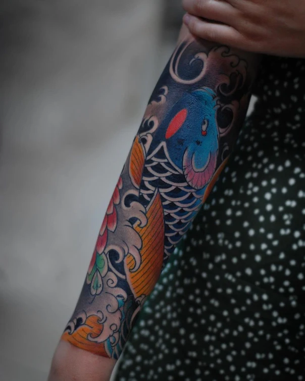 Japanese Koi, Waves tattoo on Forearm
