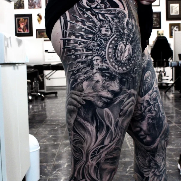 Realism Portrait, Angel tattoo on Full Leg