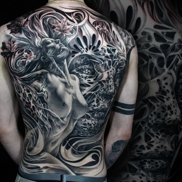 Realism Woman, Leaves tattoo on Full Back