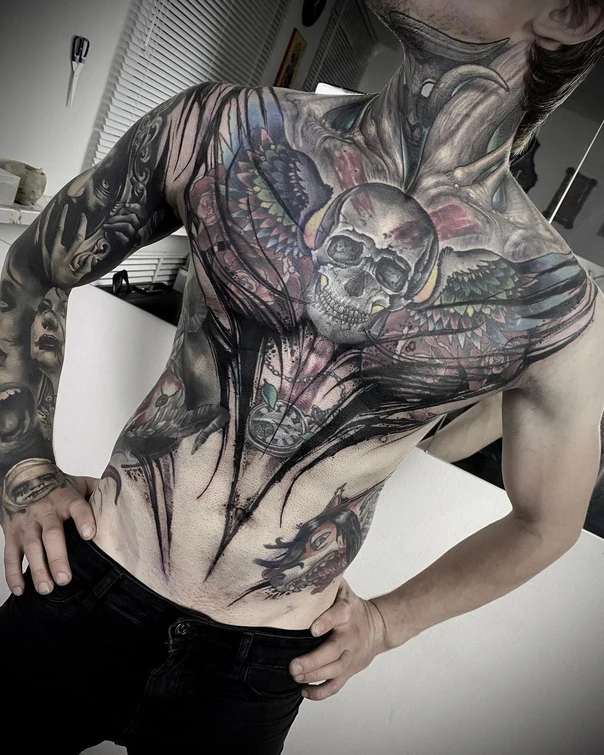 Чёрно-серая Skull, Wings tattoo на Full body