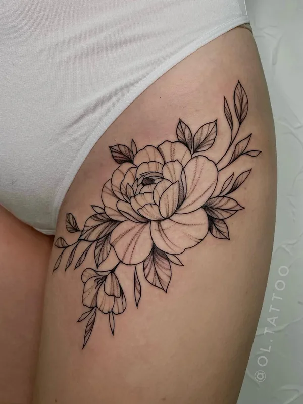 female black and grey linework татуировка на thigh #50539 | Тату мастер Ольга Иванова