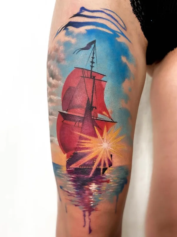 color watercolor tatuaje en thigh #50542 | Tatuador Миша Макеев