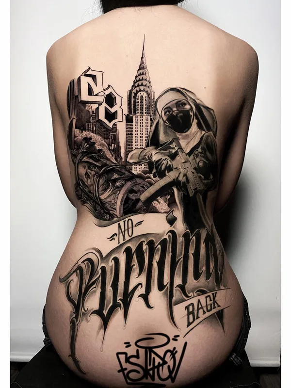 female black and grey black and grey татуировка на full back #50554 | Тату мастер Артем Есипов