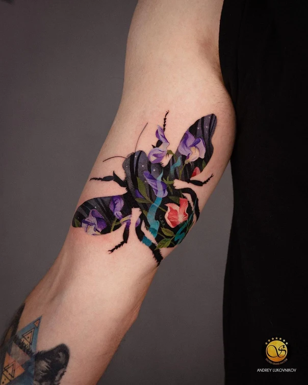 Illustrative Bee, Flowers tattoo on Forearm