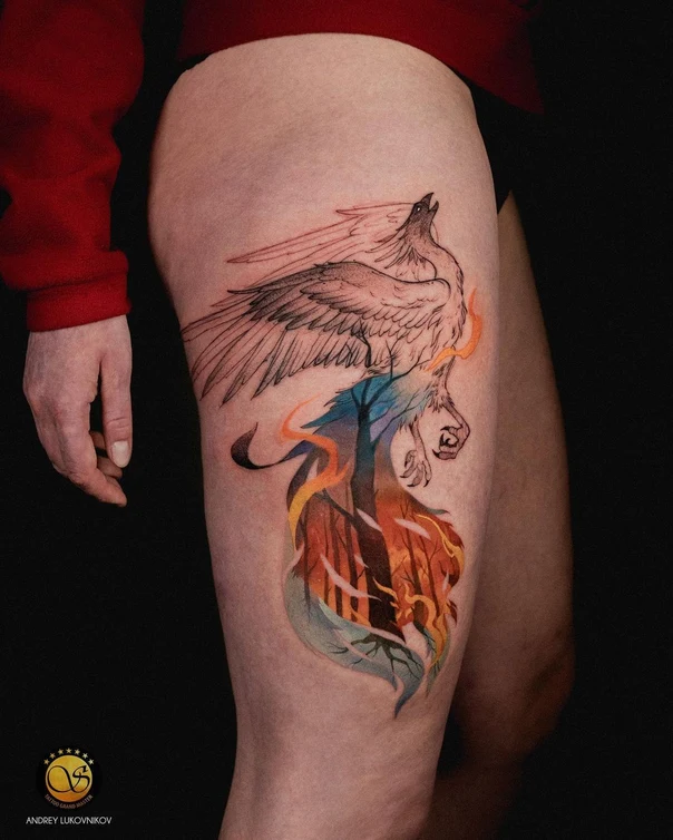 Illustrative Phoenix, Forest tattoo on Thigh