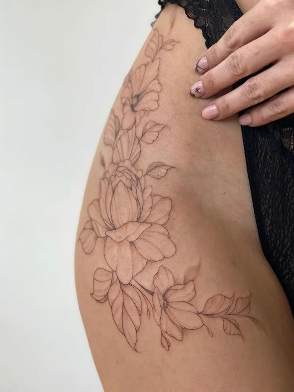 female black fineline Tatuaggio su thigh #50720 | Tatuatore Валерия Литвищенко