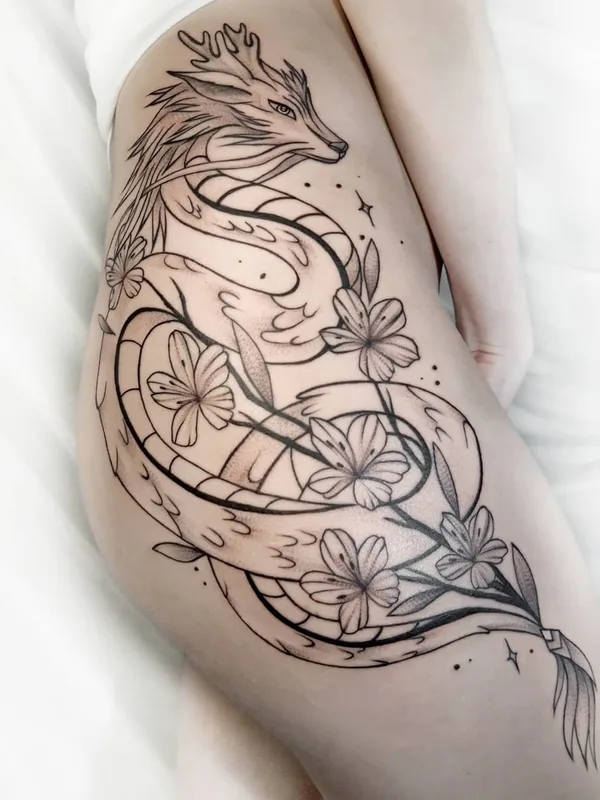 female black and grey linework татуировка на thigh #50748 | Тату мастер Диана Белогрив