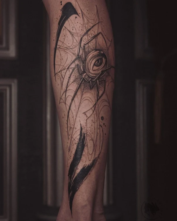 Скетч / Набросочная Spider, Eye tattoo на Икра