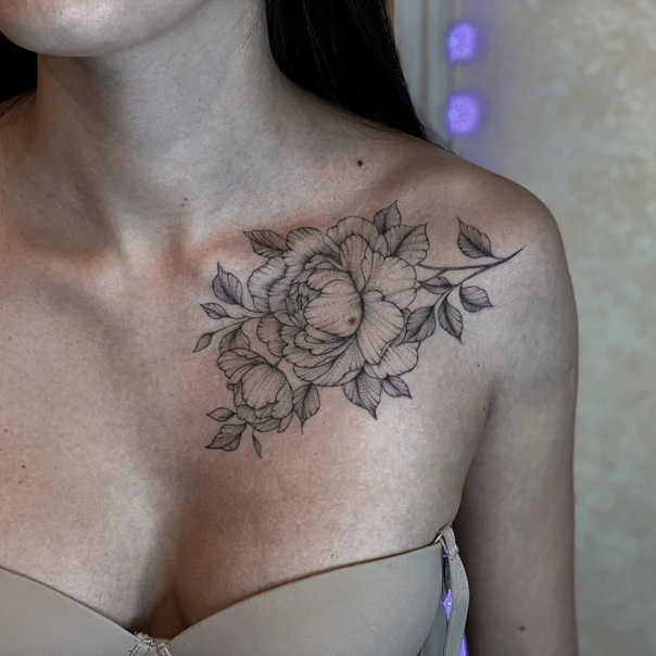 Файнлайн Flower, Leaves tattoo на Collarbone