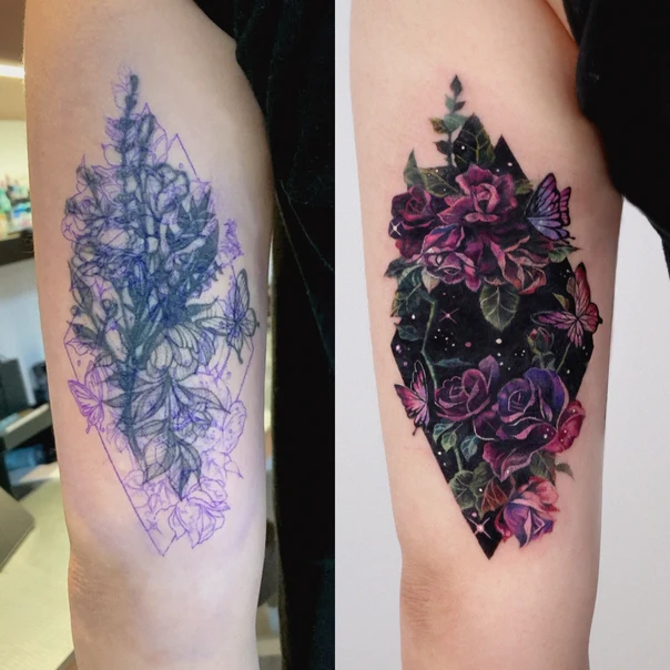Watercolor Roses, Butterflies tattoo on Thigh