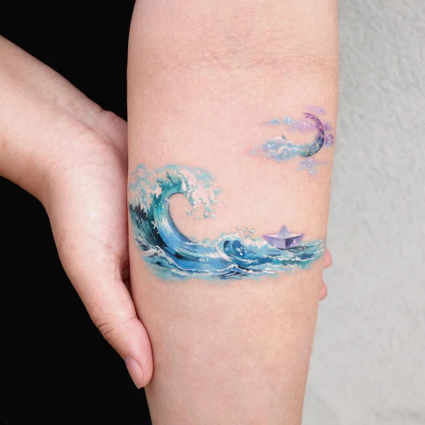 Watercolor Wave, Moon tattoo on Forearm