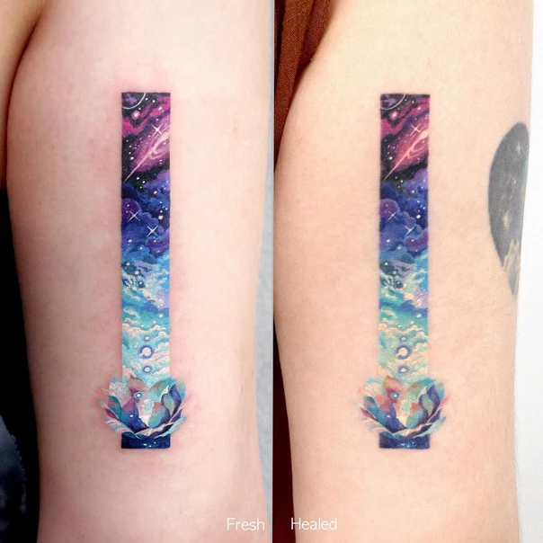 Illustrative Galaxy, Lotus tattoo on Upper Arm