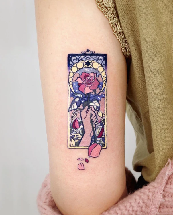 Illustrative Rose, Hands tattoo on Thigh