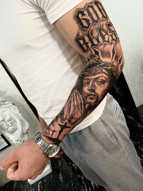 male black and grey realism tattoo on full sleeve #51024 | Tattoo Artist Максим Калач