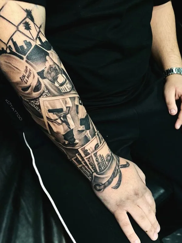 male black and grey black and grey tattoo on full sleeve #51025 | Tattoo Artist Максим Калач