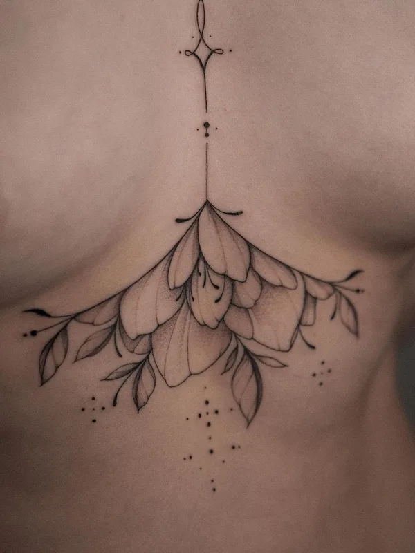 female black and grey fineline tatuaje en sternum #51156 | Tatuador Оля Сивухова