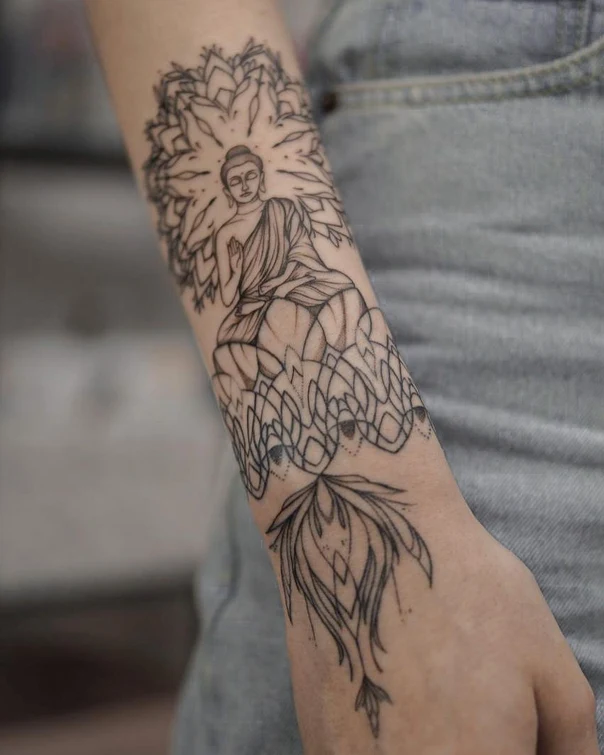 Linework Buddha, Mandala tattoo on Forearm