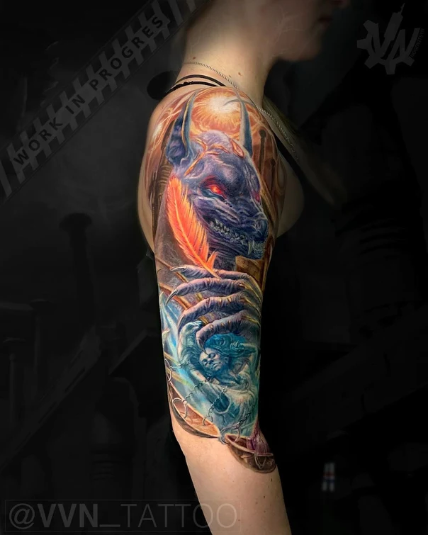 Реализм Demon, Angel tattoo на Полный рукав