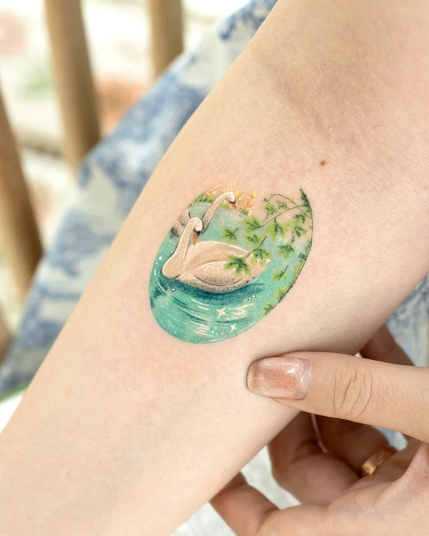 Illustrative Swan, Water tattoo on Forearm