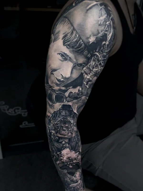 black and grey realism tattoo on full sleeve #51384 | Tattoo Artist Стас Токарев