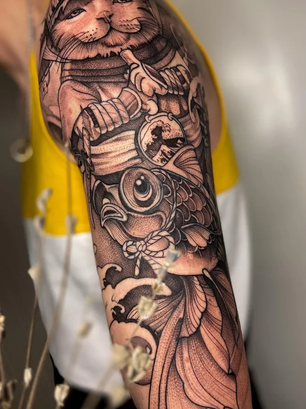 black and grey japanese татуировка на full sleeve #51426 | Тату мастер Кристина Котова