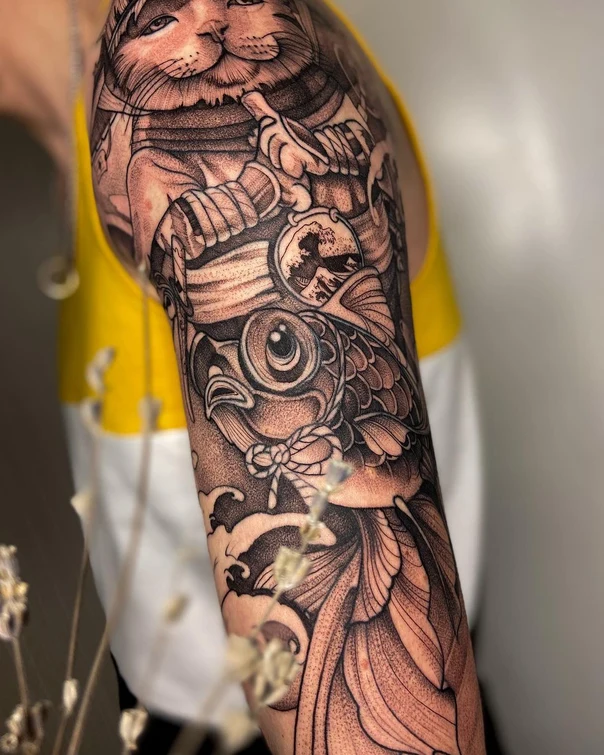 Японская Cat, Fish tattoo на Полный рукав