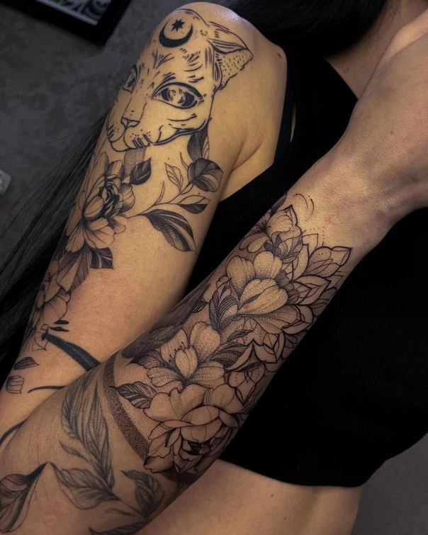 Лайнворк Floral, Cat tattoo на Предплечье