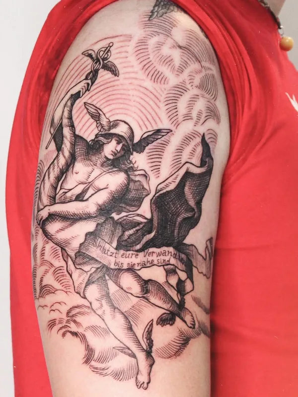 black and grey engraving Tatuaggio su upper arm #51487 | Tatuatore Ольга Прима