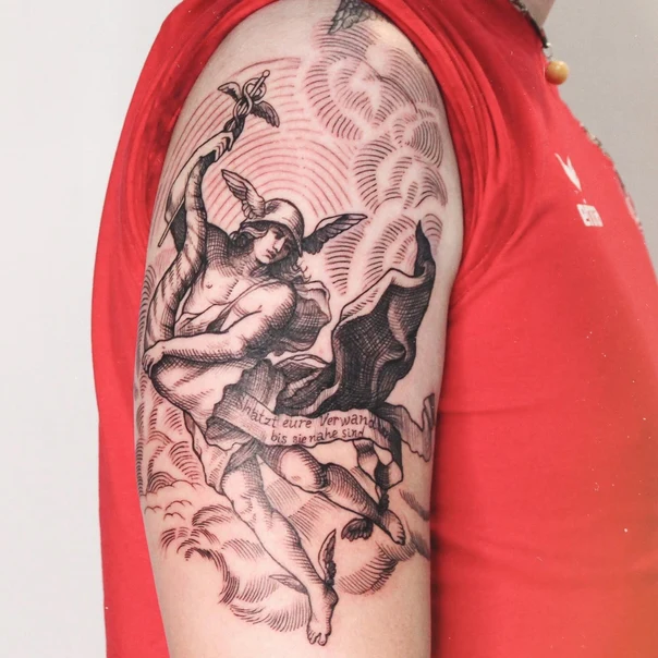 Engraving Mythological, Figure tattoo on Upper Arm