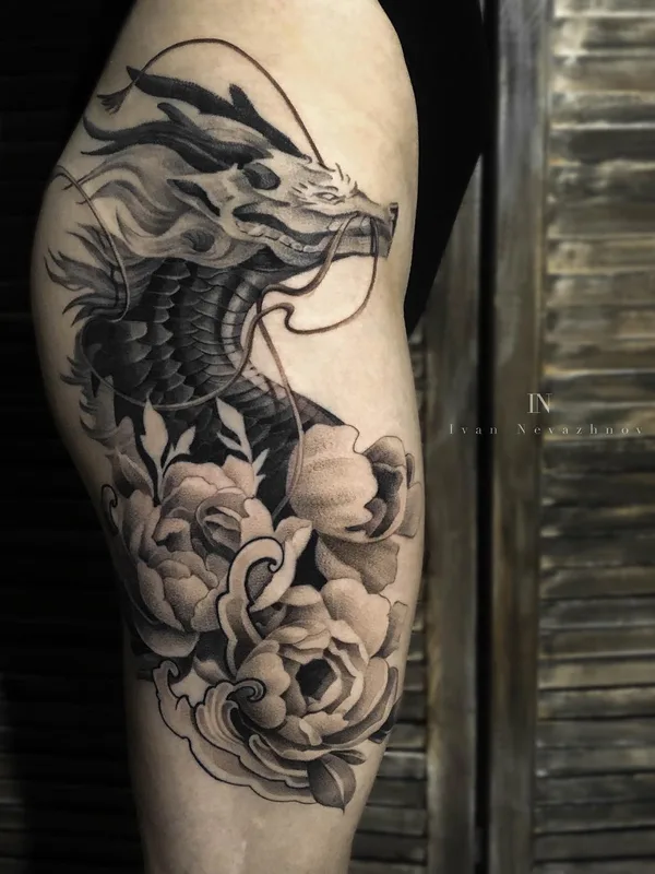 black and grey japanese Tatuaggio su thigh #51563 | Tatuatore Иван Неважнов