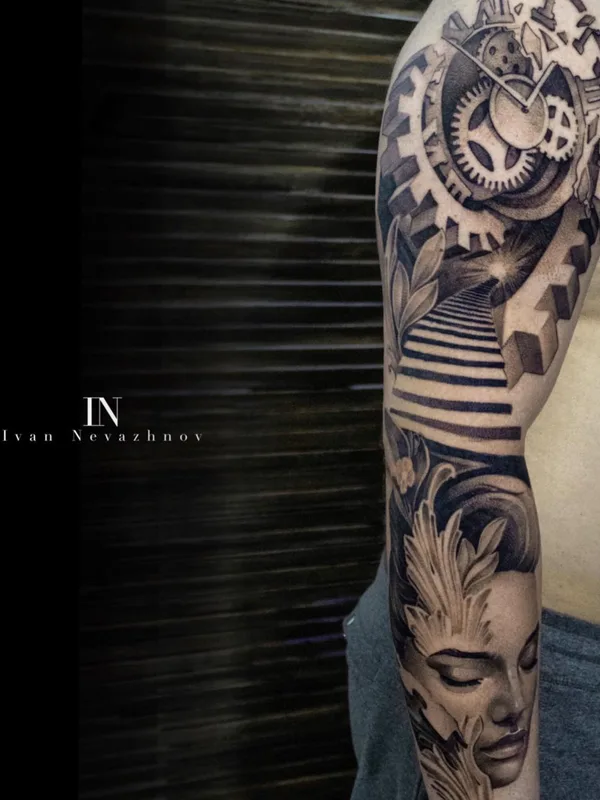black and grey black and grey Tatuaggio su full sleeve #51559 | Tatuatore Иван Неважнов