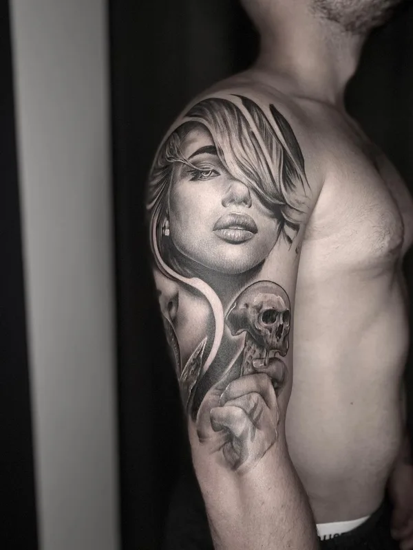 male black and grey realism Tatuagem em full sleeve #51589 | Tatuador Иван Шондин