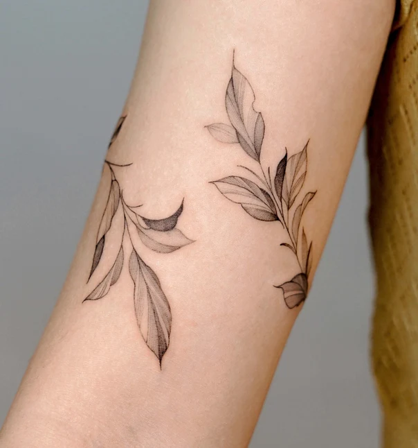 Fineline Leaves, Branches tattoo on Forearm
