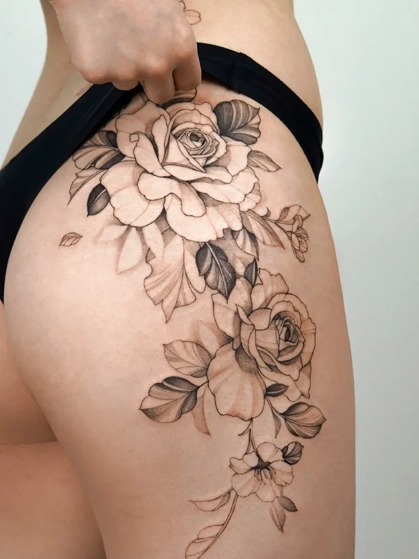 female black botanic 纹身 在 thigh #51598 | 纹身师 Zee