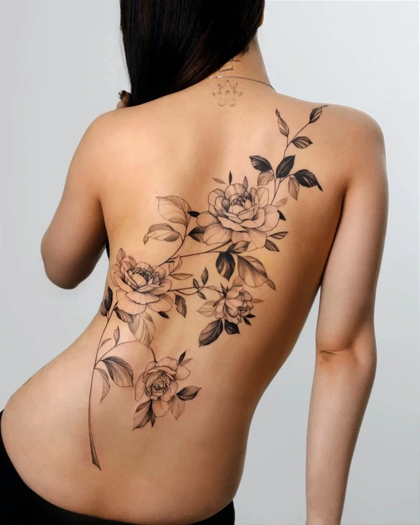 Fineline Flowers, Leaves tattoo on Back