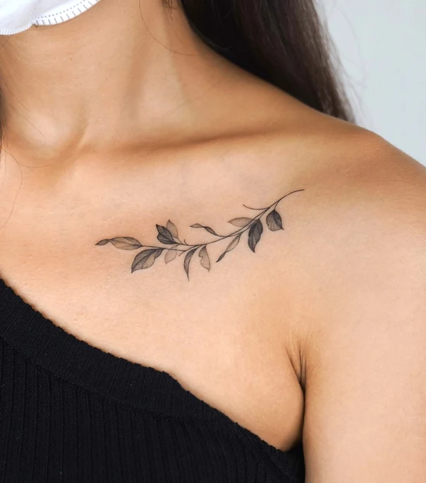 Fineline Leaves, Branch tattoo on Collarbone
