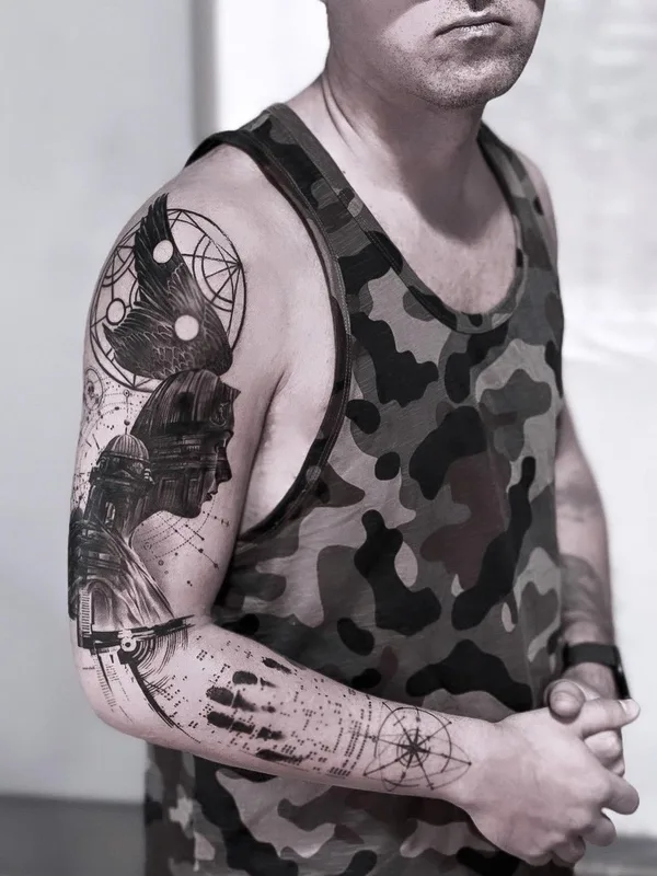 male black and grey blackwork татуировка на full sleeve #51679 | Тату мастер Максим Лемо