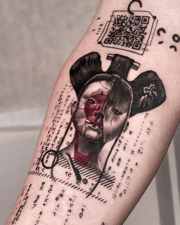 Чёрно-серая Geisha, Cyberpunk tattoo на Предплечье