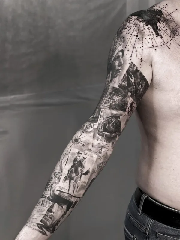 male black and grey realism татуировка на full sleeve #51677 | Тату мастер Максим Лемо