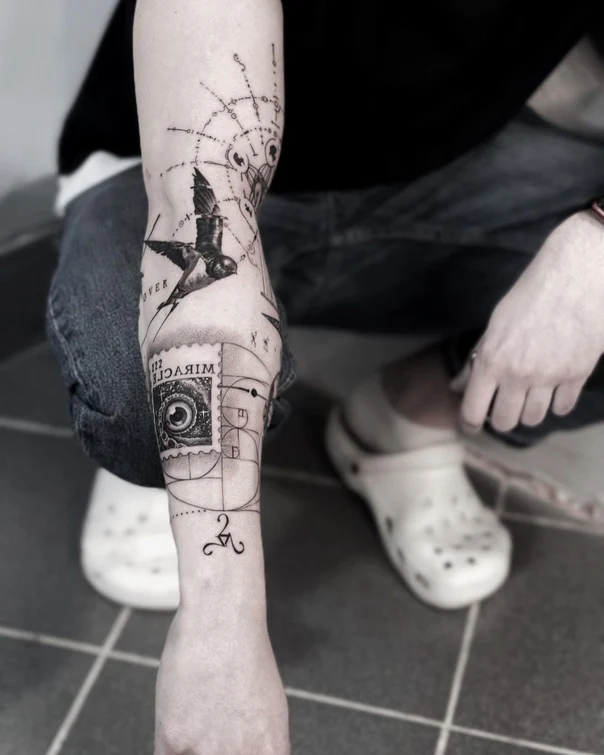 Файнлайн Bird, Geometric tattoo на Предплечье