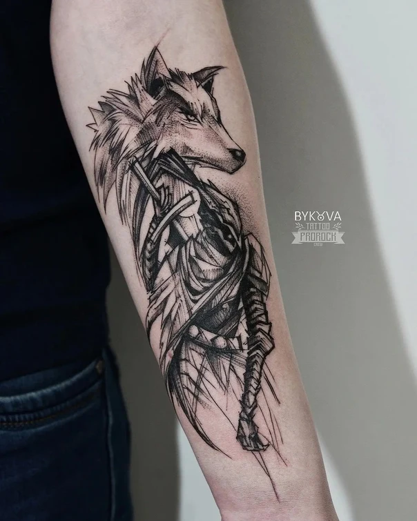 Скетч / Набросочная Wolf, Animal tattoo на Предплечье