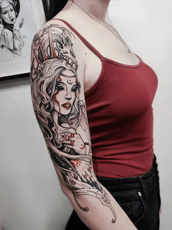 female black and grey illustrative Tatuagem em full sleeve #51690 | Tatuador Елена Быкова
